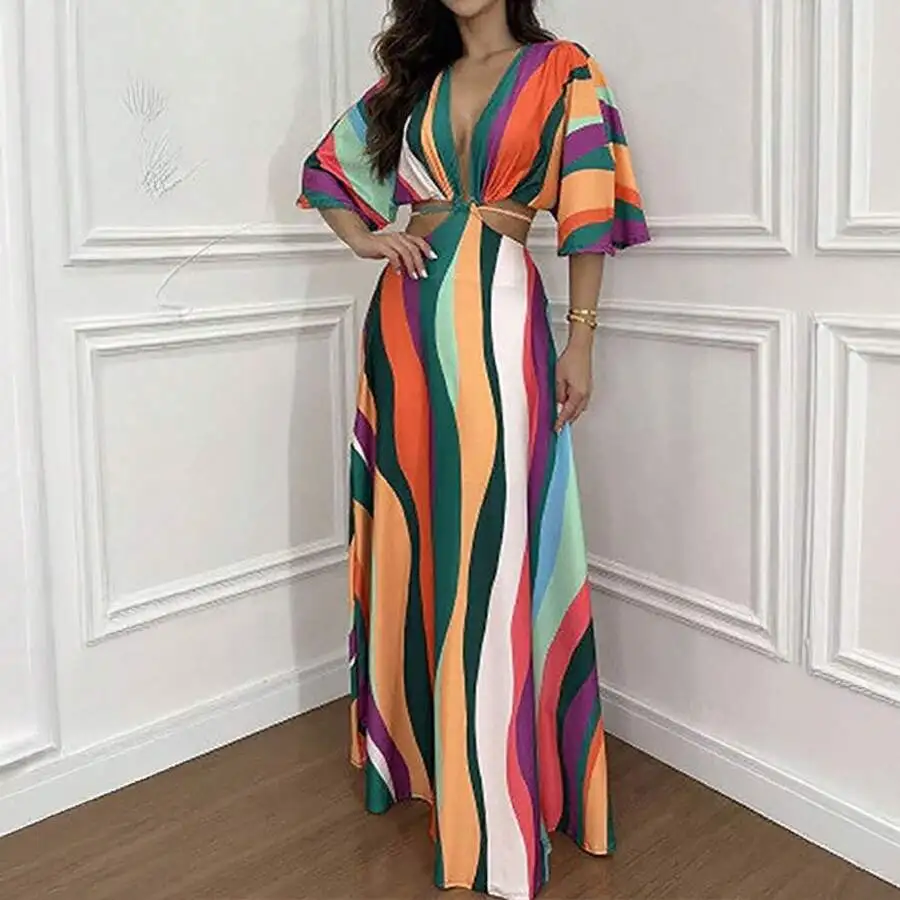 

2026 Spring Women Fashion Waist Cut Out Printed Tie Strap Long Maxi Dress