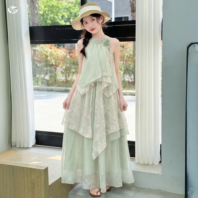 Girls Strapless Sundress 2026 New Summer Middle Big Kids Vest Dress Vacation Beach Lace Patchwork Long Children