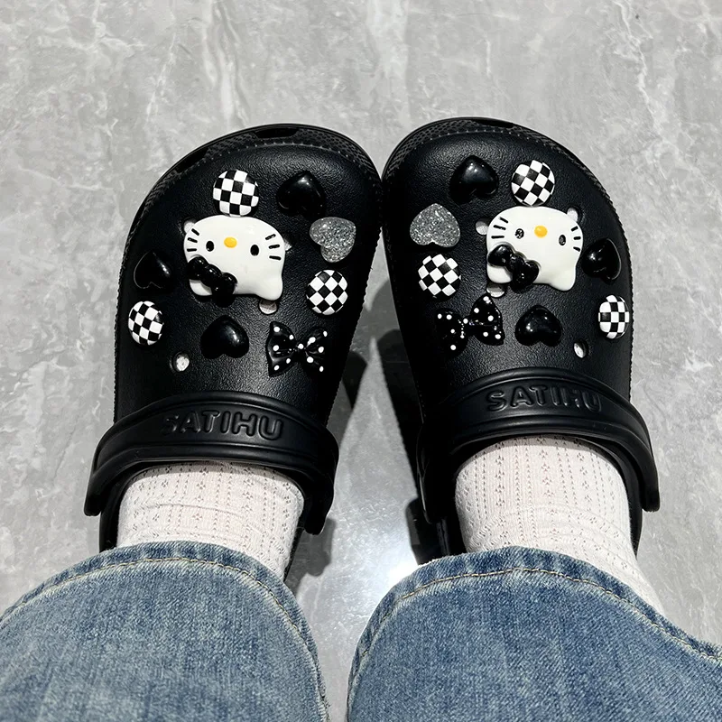 MINISO Hello Kitty Shoe Charms Set Black & White Theme KT Cat Girls Women Sandals Accessories Hole Shoes Slippers Decoration image 3