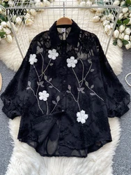 Luxury Rhinestone embroidery shirt Floral Long lantern sleeve oversize blouse for women 2025 Sexy See-through tops INKEO 4T222