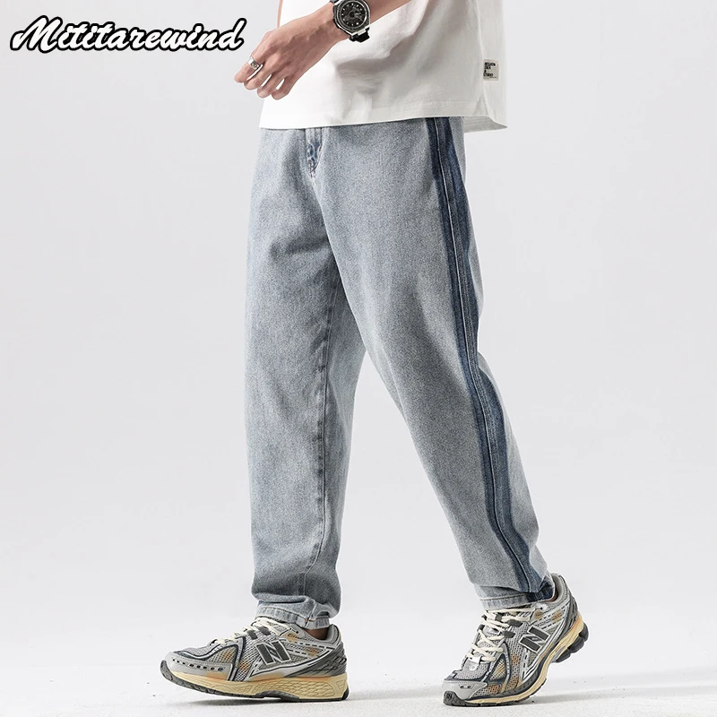 

Hip Hop Streetwear Y2k Baggy Jeans For Men Side Contrast Color Vintage Washed Four Seasons Youth Casual Loose Denim Pants Men