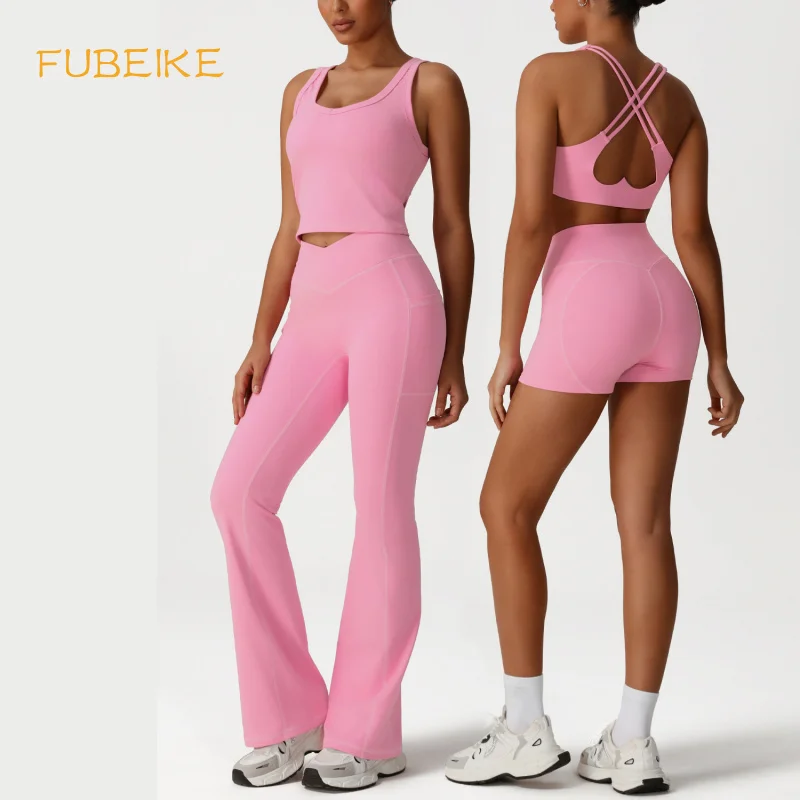 

FUBEIKE Women's Two Pieces Set Quick-Dry Tight Top Yoga Set Slimming Fitness Wear Running Sports Pants Set For Women‘s Tracksui’