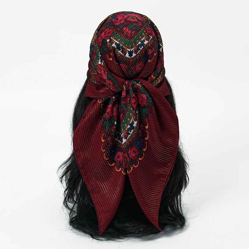 70*70cm Russian Flower Printed Square Cotton Scarf Women Bandana Scarves Boho Style Thin Warm Sunscreen Headscarf Hijab