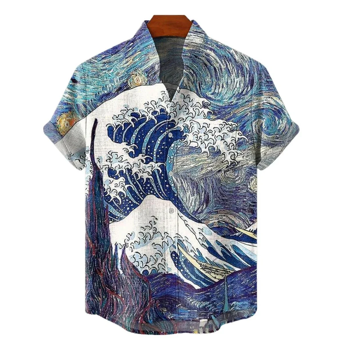 

Summer Japanese wave retro 3D printed casual fashion linen men's Hawaiian beach vacation short sleeved shirt