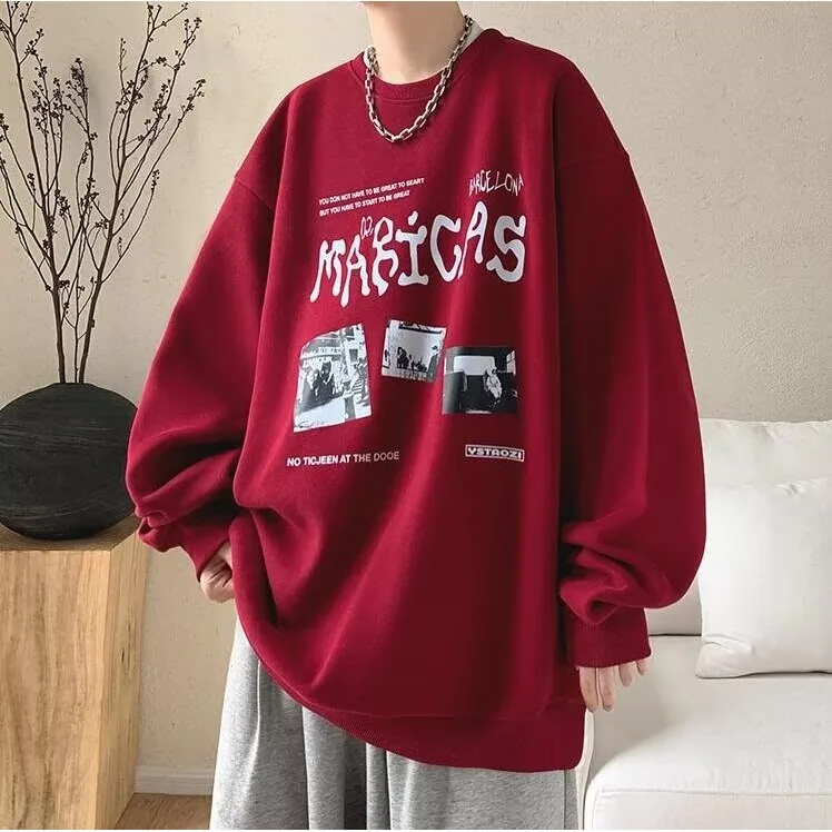 【Plus Size M-5XL Sweater】2025 New Autumn Letter Print Velvet Thick Round Neck Sweater Men's Fashion Hip Hop Loose Sweatshirt