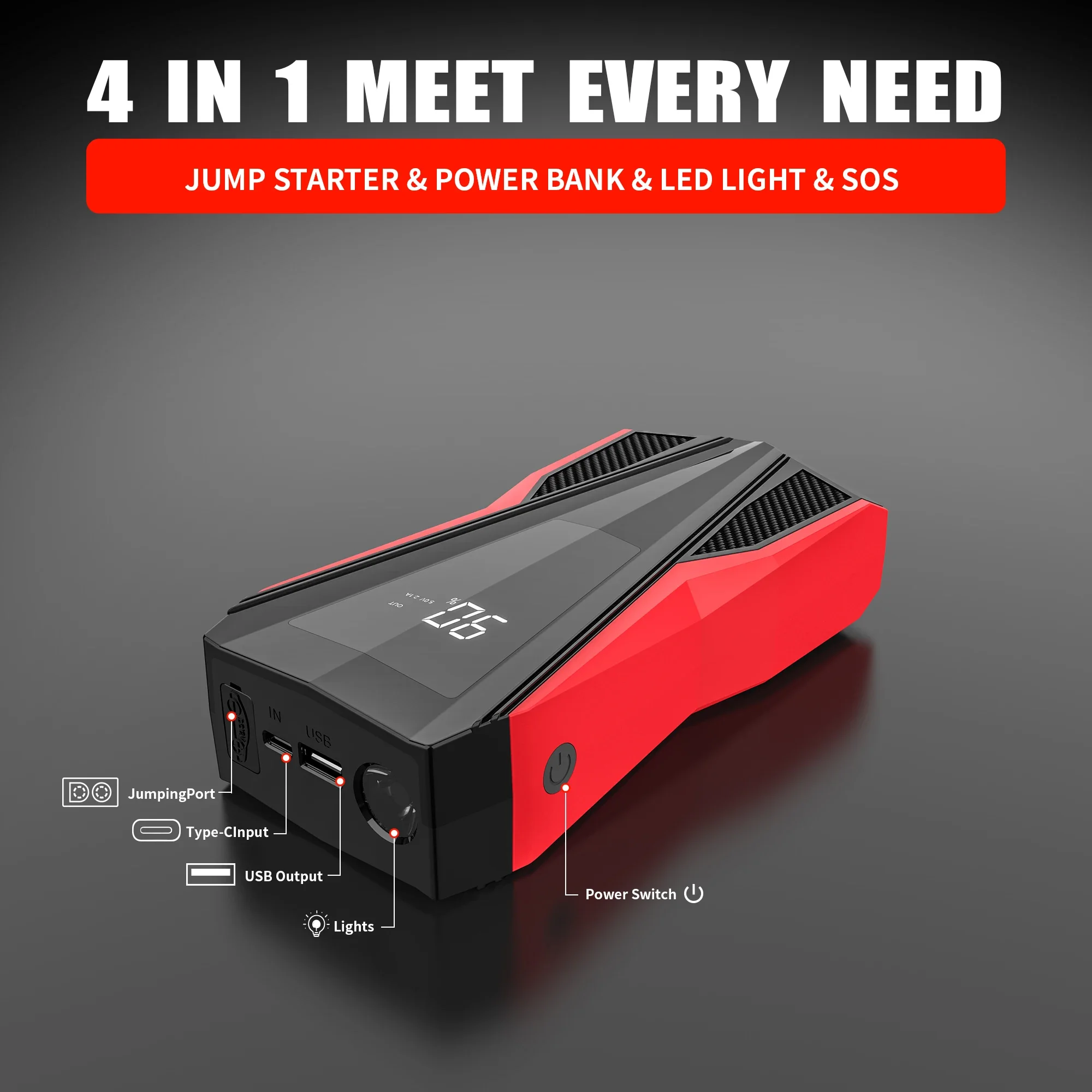 Jump Starter 5000A Peak 20000mAh 12V Portable 10L Gas&8L Diesel Battery Booster Power Pack LED Lights QC3.0(XNR-CY18)