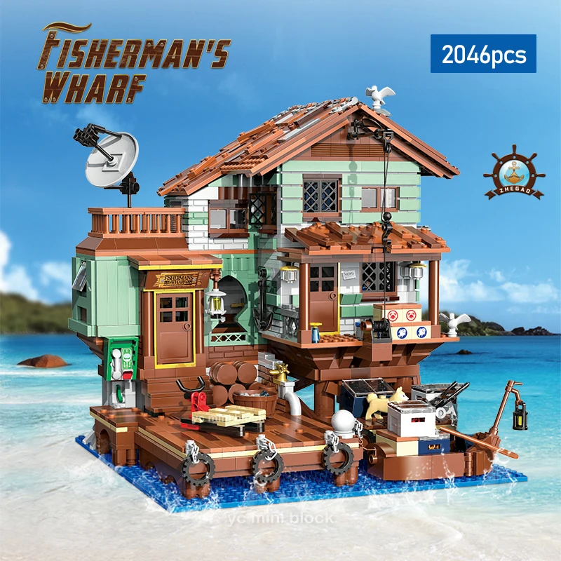 Creative Fishing Village Store House Mini Bricks Building Toys Ideas Fisherman\'s Wharf Restaurant Architect For Adult Kids Gifts