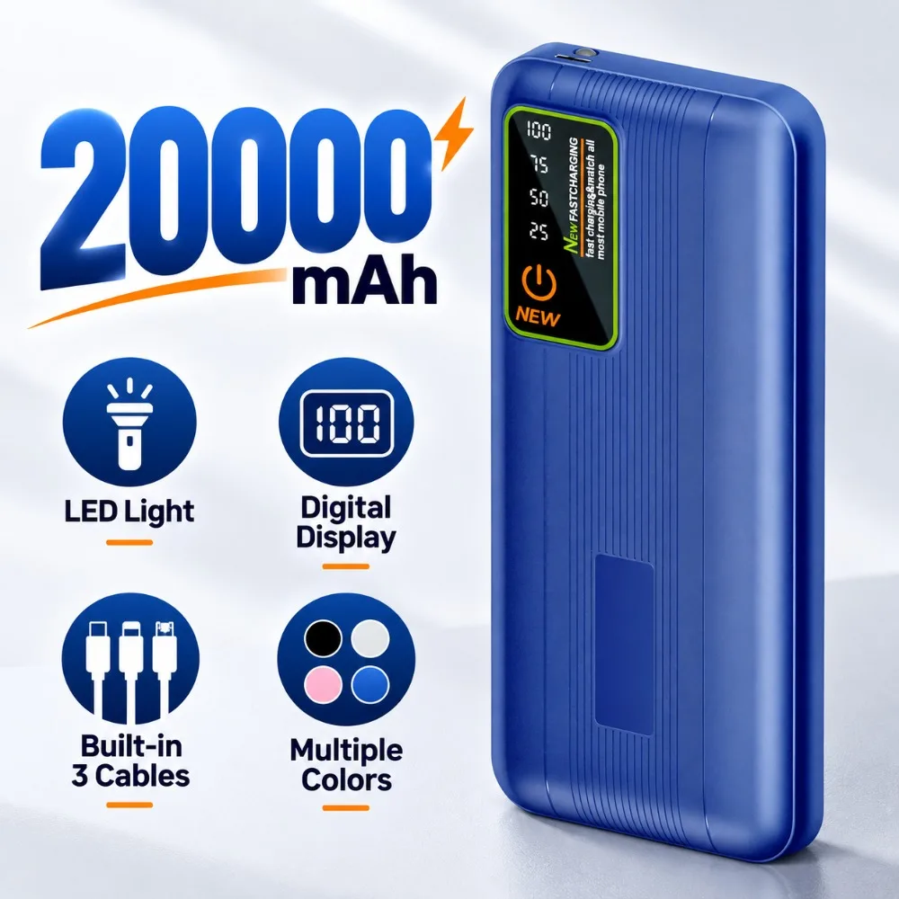 New 20000mAh Portable Power Bank, Detachable Built-in Cable Large Capacity External Battery Pack, Fast Charging for Smartphones