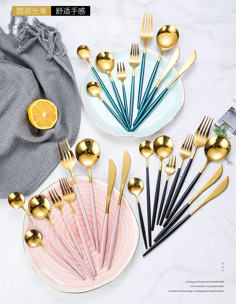 

9pcs Set, Colorful Stainless Steel Flatware Dinner Cutlery Gold Fork and Spoon Table Spoon, Cake Set