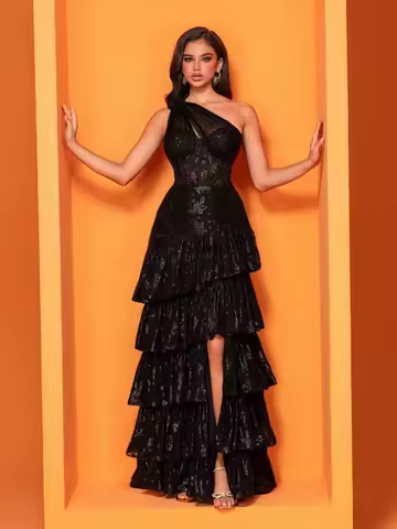 Luxury Fishbone One-shoulder Cake Dress Woman Long Tulle Slit Formal Wedding Party Evening Guest Gowns Vestido