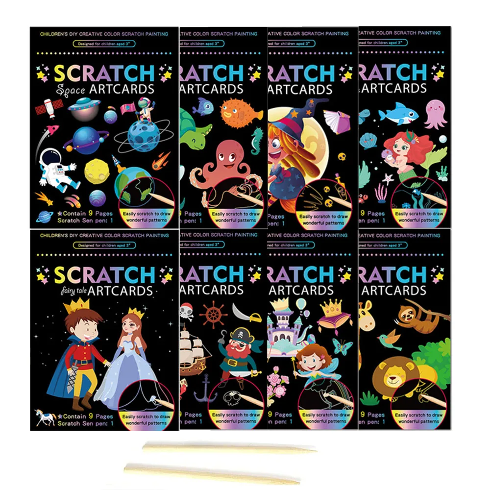 Scratch Paper Drawing Stick Paint Kits Children Kids Cartoon Mermaid Pirate Magic Rainbow Colors Scratch Art Painting Card Books