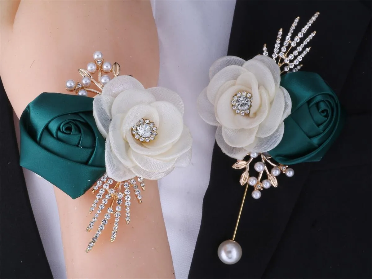 Artifical Emerald Green Boutonnieres Mensuit Accessories Bridesmaid Wrist Corsage Wedding Accessories image 3