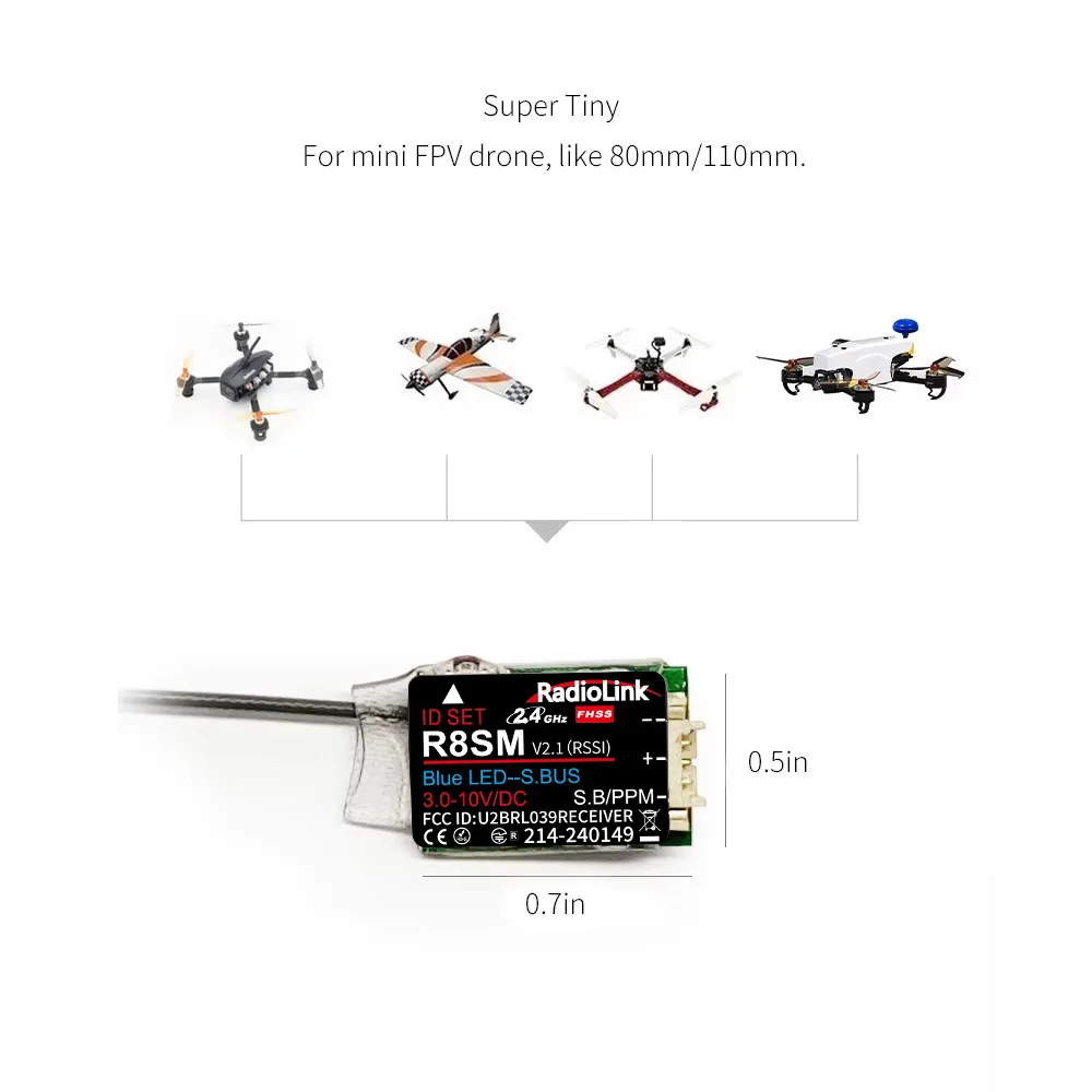RadioLink R8SM 8CH 2.4GHz Super Tiny Mini RC Receiver SBUS PPM for Mini Drone Fit for T8S T8FB Transmitter Controller