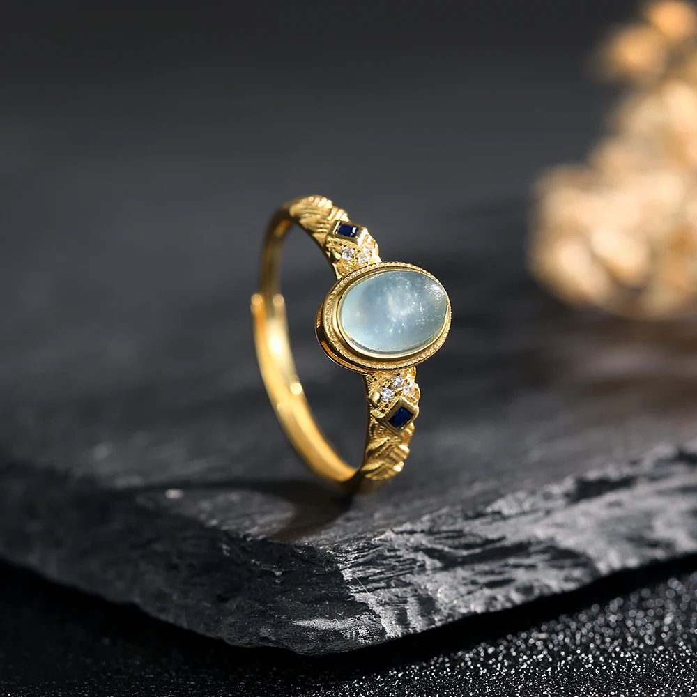 18k gold color luxury princess ring paired with natural crystal aquamarine gemstone women's ring wedding jewelry 925 silver ring