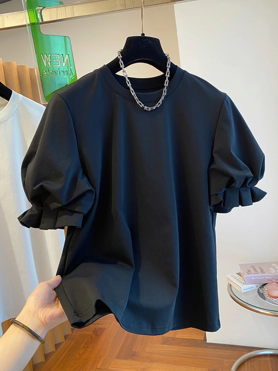 Loose Black Bubble Sleeve T-Shirt Women's Short Sleeve Basic Shirt Korean Style Floral  Cotton Polyester Blend Summer Top
