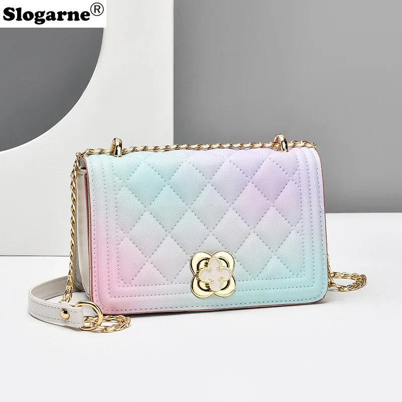 

Women Fashion Colourful Chain Shoulder Bags Ladies Embossed Soft Leather Small Square Crossbody Bag Flower Decoration Mini Bag