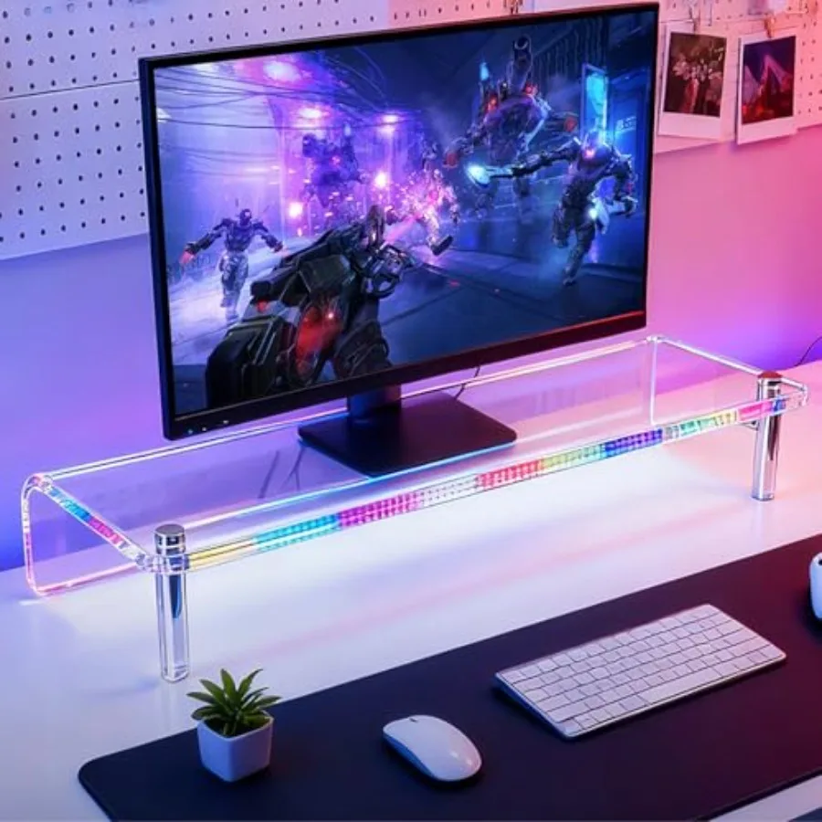 Acrylic Monitor Stand with WRGB Lights Music Sync Clear Desk Riser 23.6 Inch for Gaming Setup and Home Office Computer Laptop P