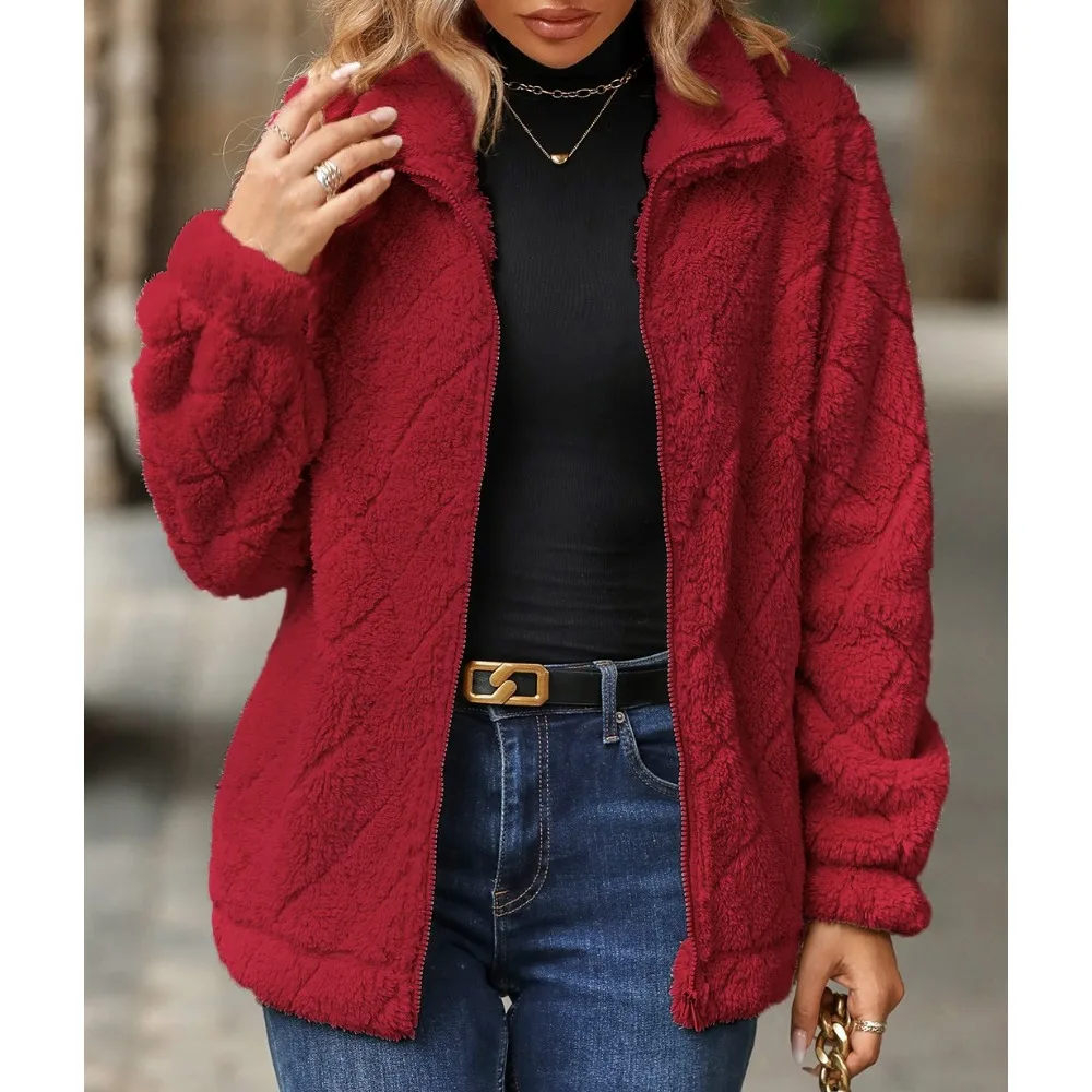 Autumn and Winter New Women\'s Fashion Long Sleeved Cardigan Zipper Diamond Plush Coat