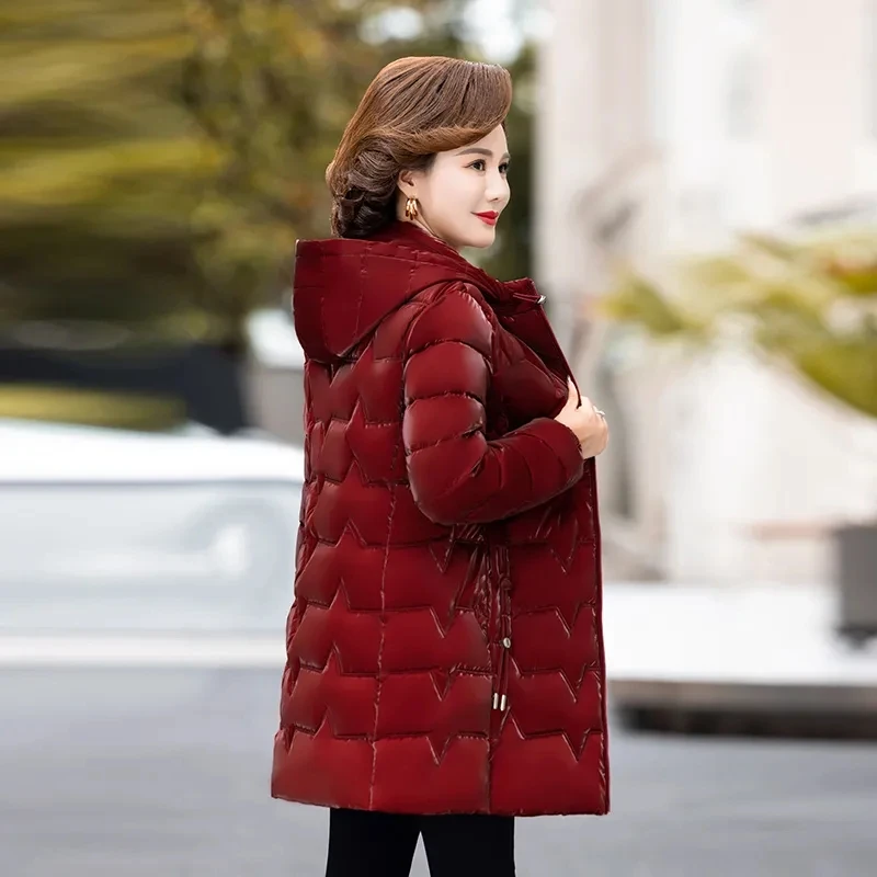 Winter Glossy Snow Jacket Women\'s Down Cotton Slim Hooded Coat Mother Warm Long Overcoat Fashion Female Thicken Parkas Jackets