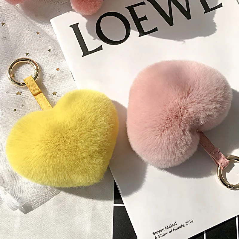 

Cute Heart Keychain Real Rex Rabbit Fur Heart Pompom Key Chain Women Girl Bag Charms Cars Accessory Simple Fluffy Keyring Gifts