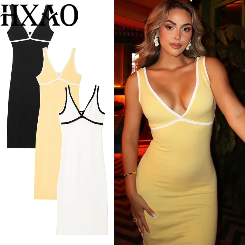 HXAO Damen Gelbes Kleid Korsett Slip Strickkleid Frau Sommer Ärmellos Weiß Lange Kleider Elegantes, figurbetontes, rückenfreies Kleid