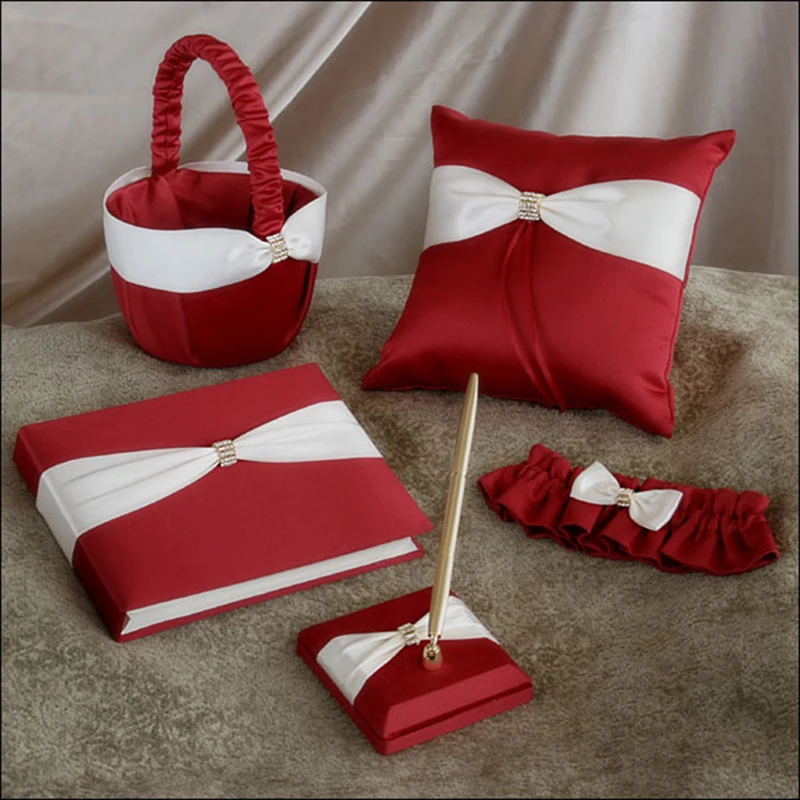 5Pcs/Set Red Satin Wedding Ring Pillow+Guest Book+Pen+Garter Flower+Basket Set Romantic Bride Wedding Accessories Event Supplies