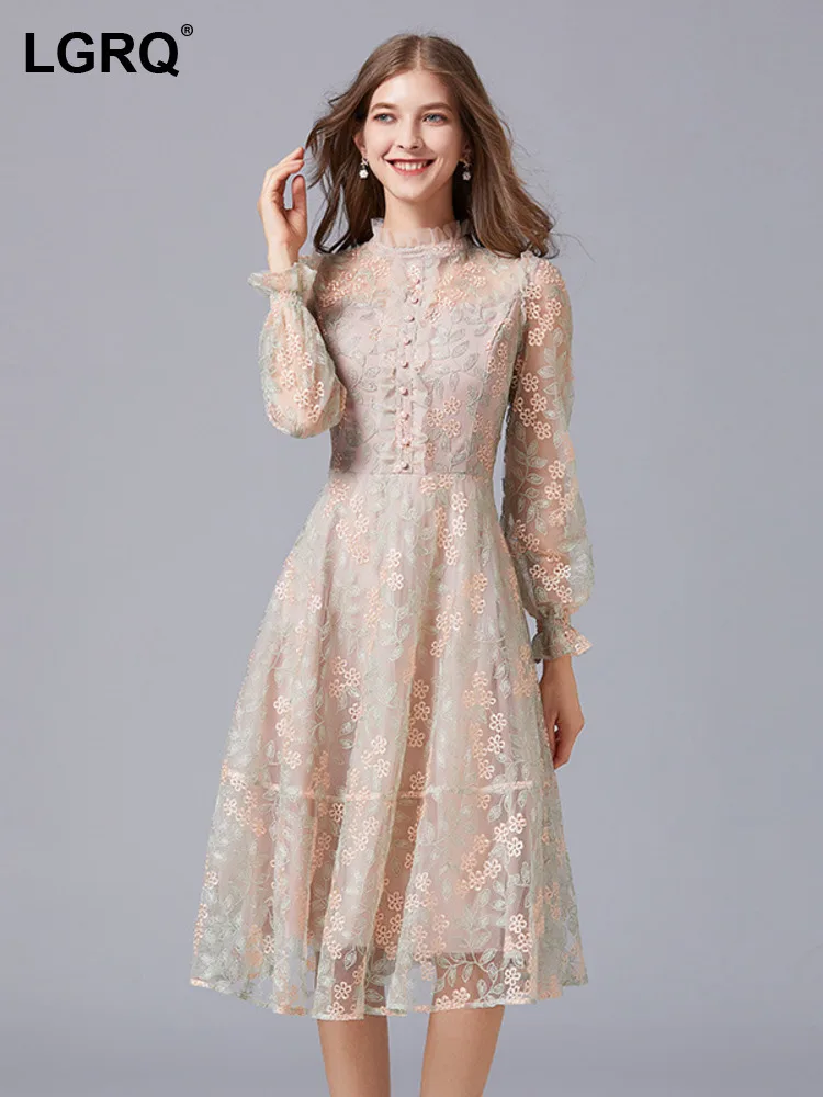 

LGRQ Women's Flower Embroider Mesh Dress Fashion A-line O-neck Long Sleeve High Waist Elegant Dresses 2024 Autumn New Clothing