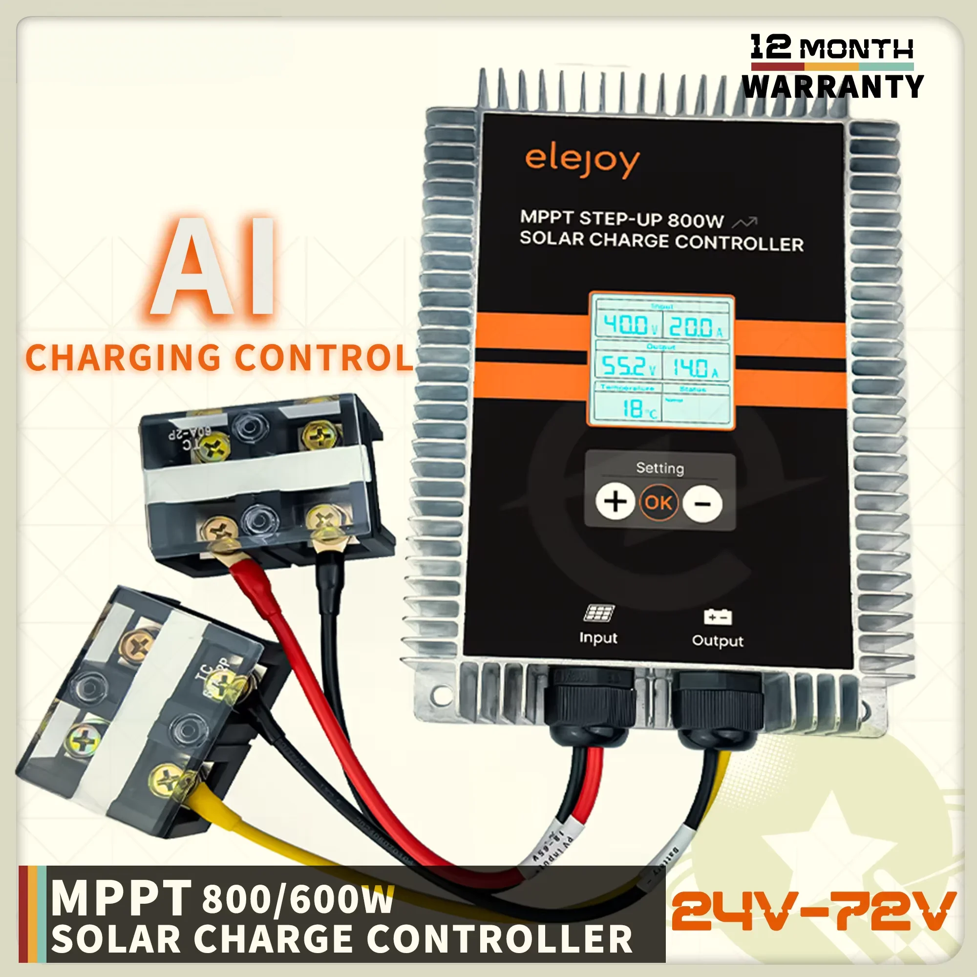 Smart MPPT Solar Charge Controller, Peak Power Tracking, Step Up & Step Down Voltage, Auto Power Tracking, 600W Power