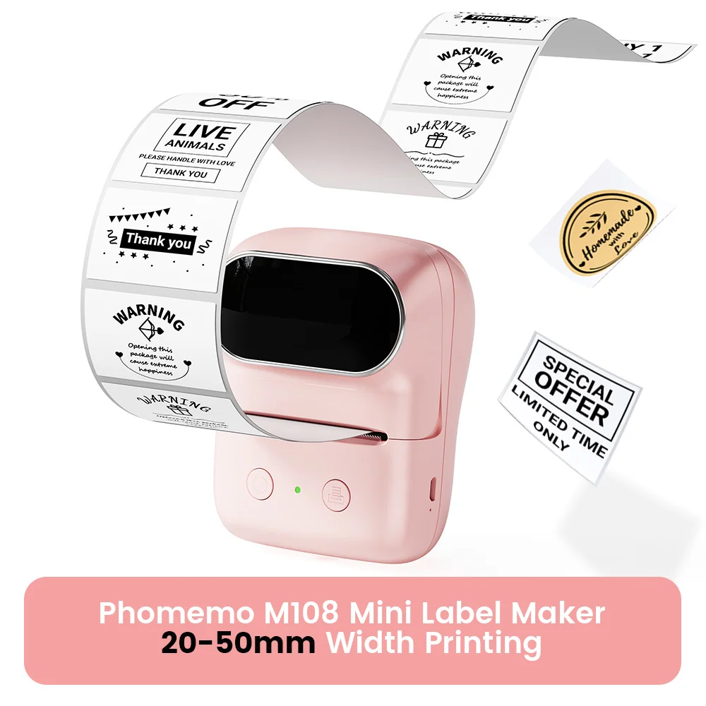 Phomemo M108 Thermal Wireless Label Printer Portable Bluetooth Sticker Mini Printer Barcode Label Maker Price Tag Printers DIY