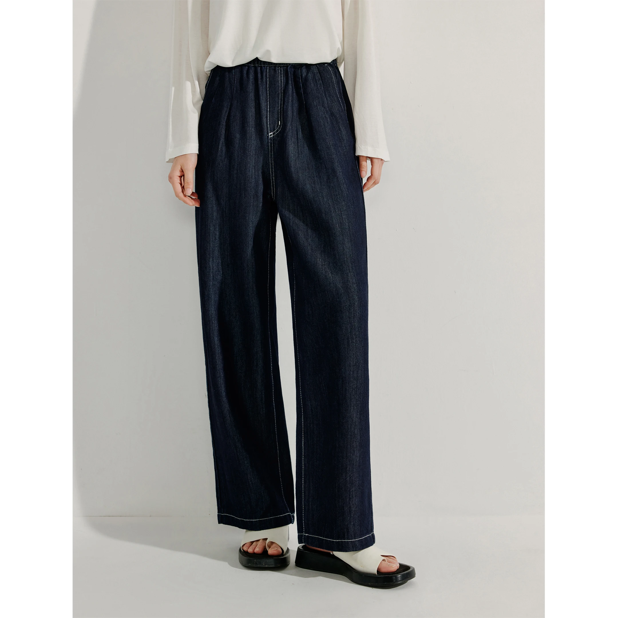 Inman Lyocell  Modal Wide Leg Jeans Women's Summer 2025 New Deep Blue Straight Cut Pants Drapey Comfortable Denim Trousers