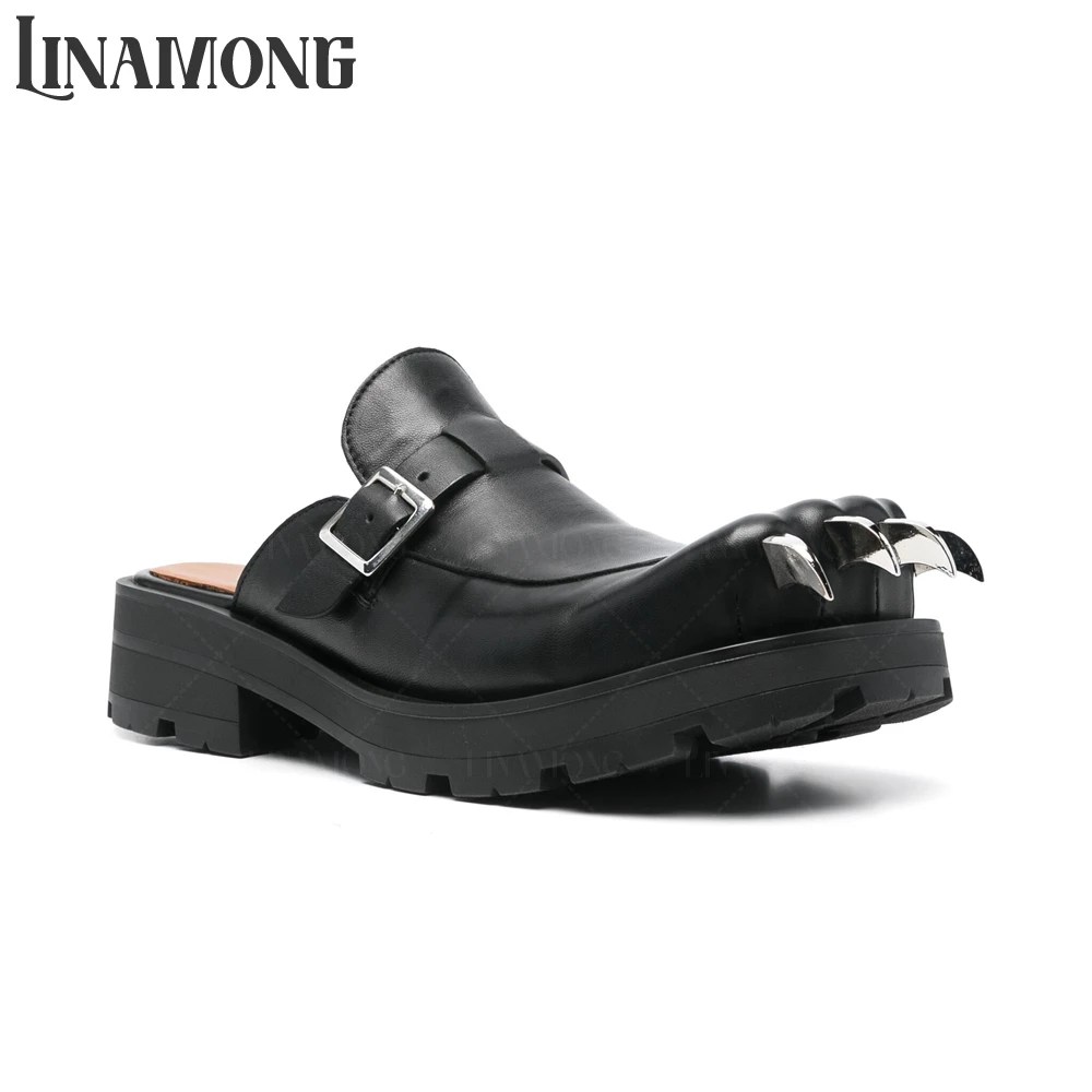 

Metallic Silver Claws Mules Pin Buckle Strap Black Grained Leather Mules Block Heel Slippers for Men Square Toe Novelty Slippers