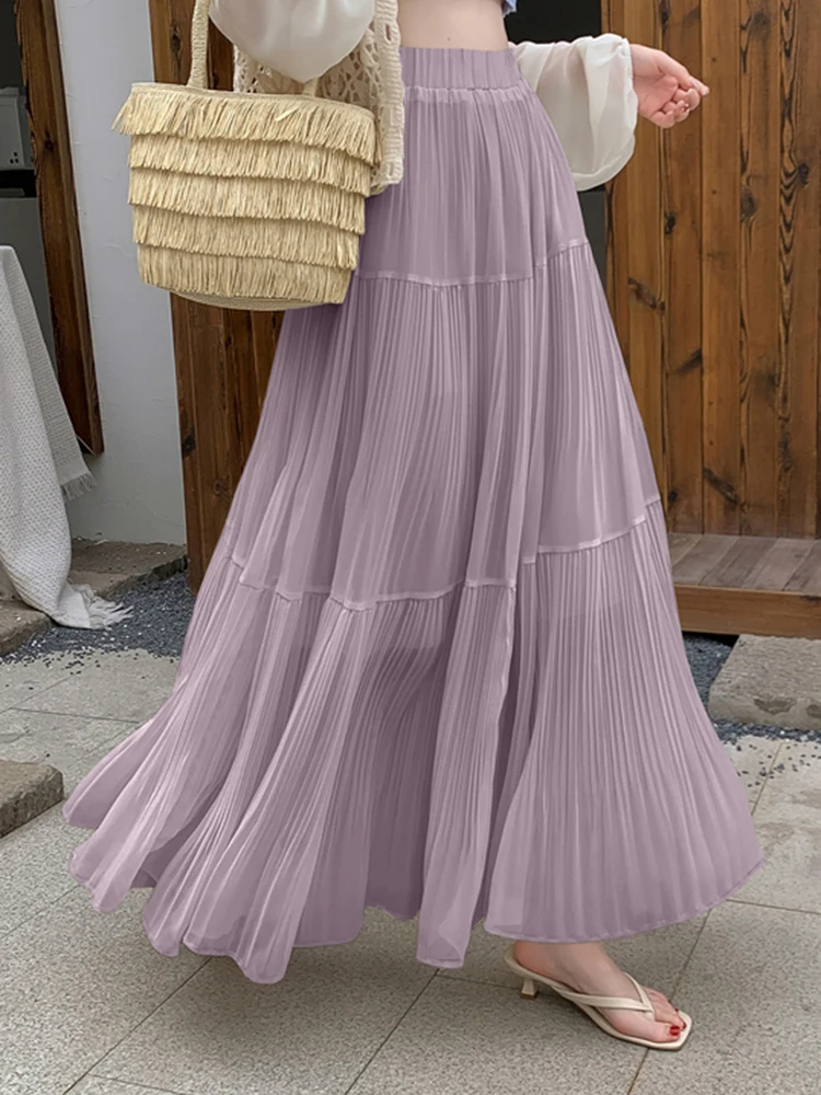 

2025 Summer New Loose Large Swing A-line Long Skirt for Women Purple White Pleated Chiffon Beach Vacation Skirt Female S26