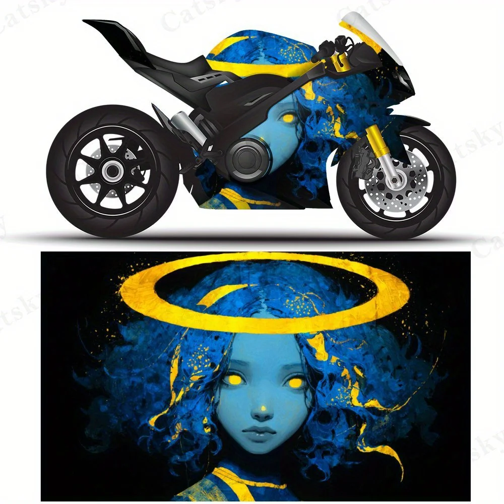 

Синий и желтый персонаж с наклейками на мотоциклетную пленку Halo, прочные клейкие наклейки из ПВХ для индивидуальной настройки мотоцикла, погода-