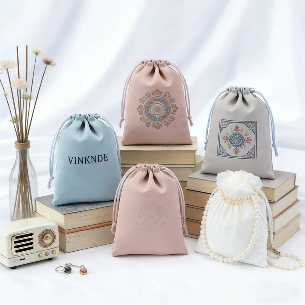 

High Quality Silk Satin Drawstring Jewelry Pouch Dust Bag Customed Logo Container for Fine Jewelry Earrings Ring Perfume Storage