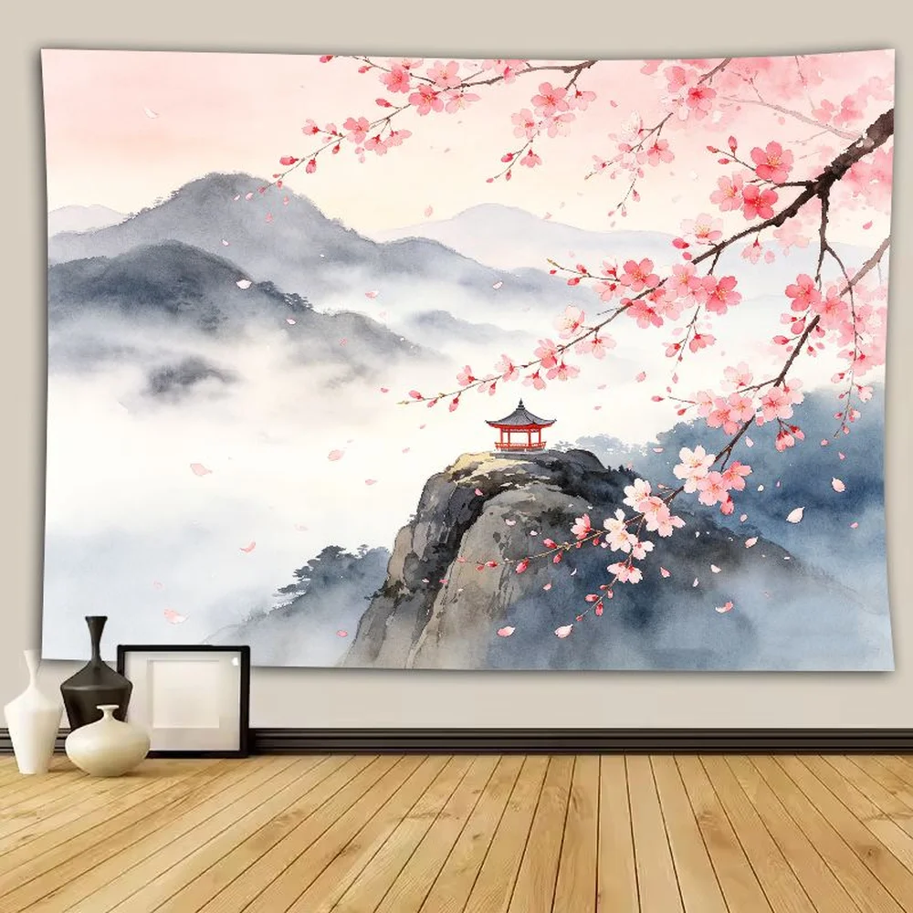 VIKAMA Cherry Blossom Mountain Tapestry, Pink Sakura River Pagoda Anime Bedroom Decor