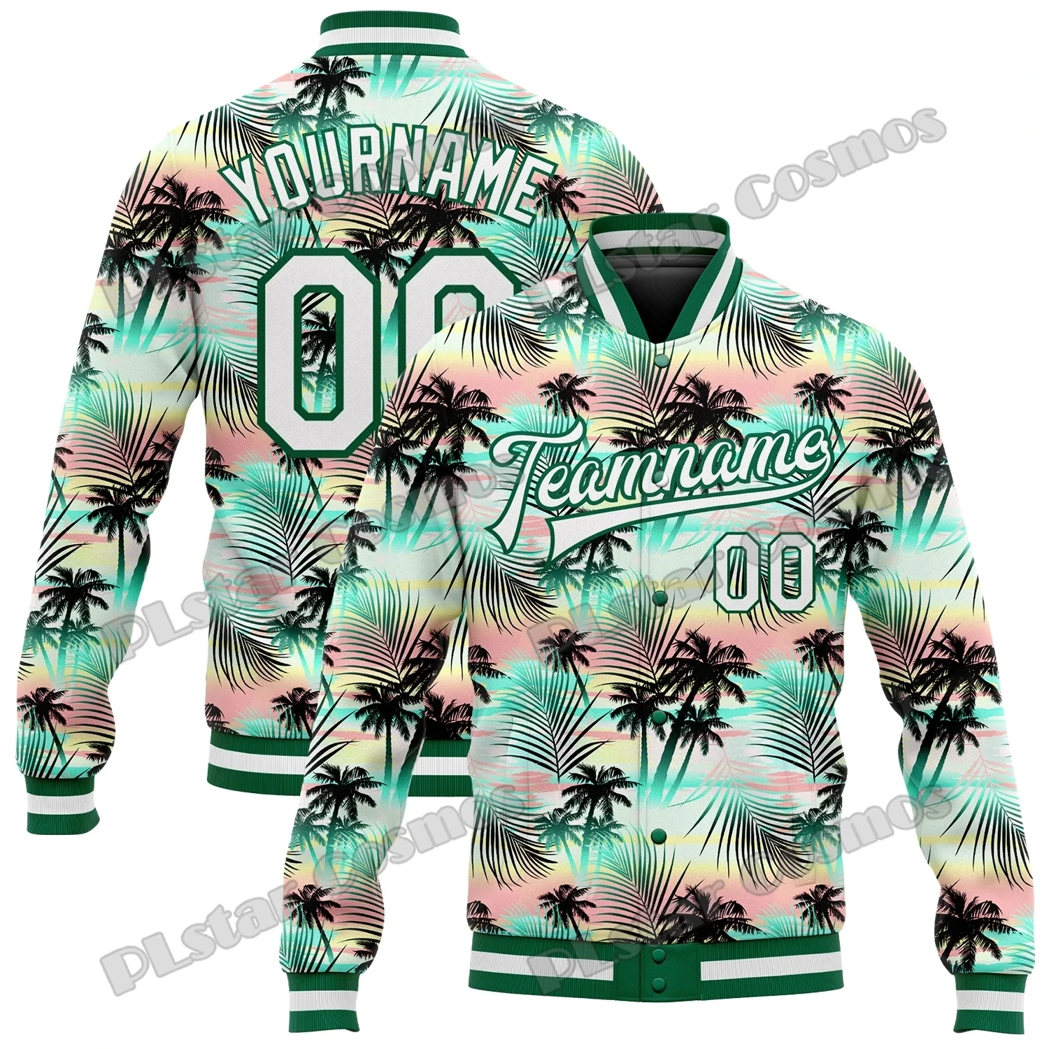 Custom White-Green Hawaii Palm Trees 3D Printed Men's Bomber Full-Snap Varsity Jacket Winter Unisex Casual Baseball Jacket AK07