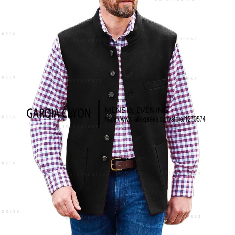 Stand Collar Neck  Men's Suits Vest Polyester Farbic Loose Single Breasted Men's Waistcoat With Real Pocket Casual Business