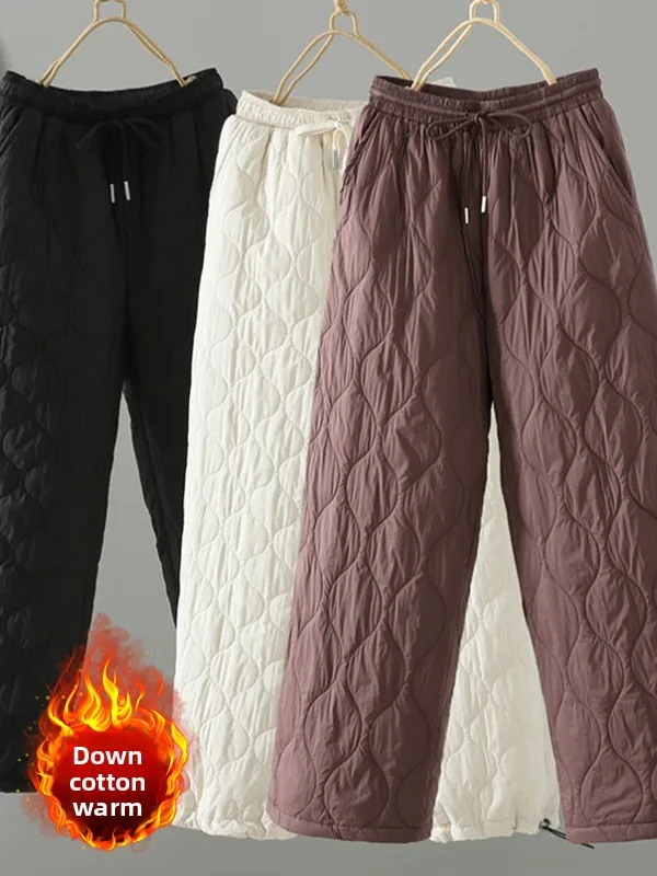 

Winter New plus Size Women's Thickened Warm down Cotton Wide Leg Pants Outerwear Lightweight Quilted Diamond Patterned Trousers