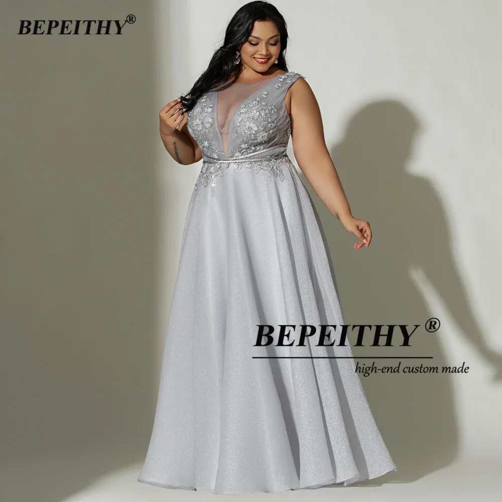 Bepeithy cinza longo vestidos de noite sem mangas para curva mulheres sexy aberto para trás uma linha plus size baile formal vestido 2022 vestido primavera