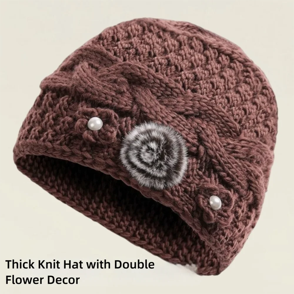 

Fashion Knitted Warm Hat Windproof Thickned Pullover Hat Cold Proof Floral Embroidery Earmuffs Cap Winter