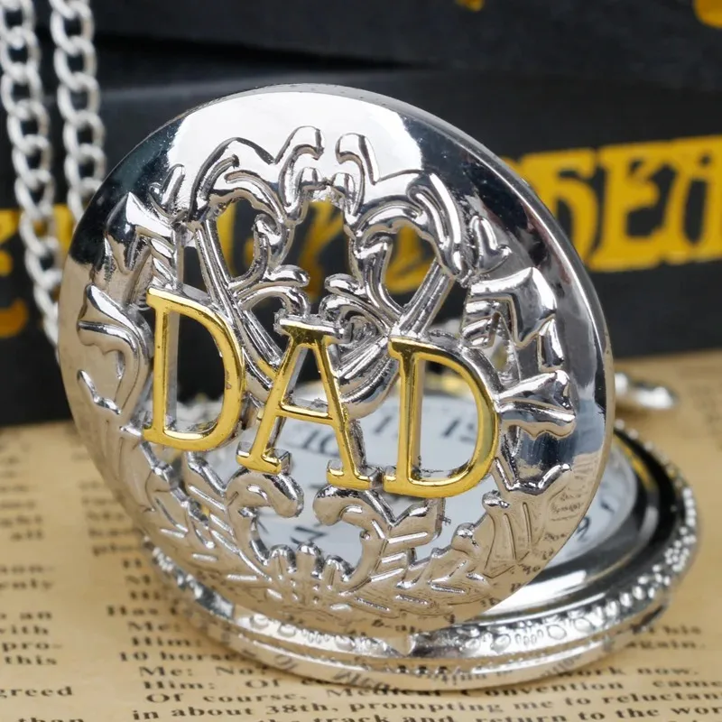 Classic Silver Hollow DAD Quartz Pocket Watch Arabic Numerals Pop Decorative Belt Chain Pendant Clock Men Women Gifts for Father