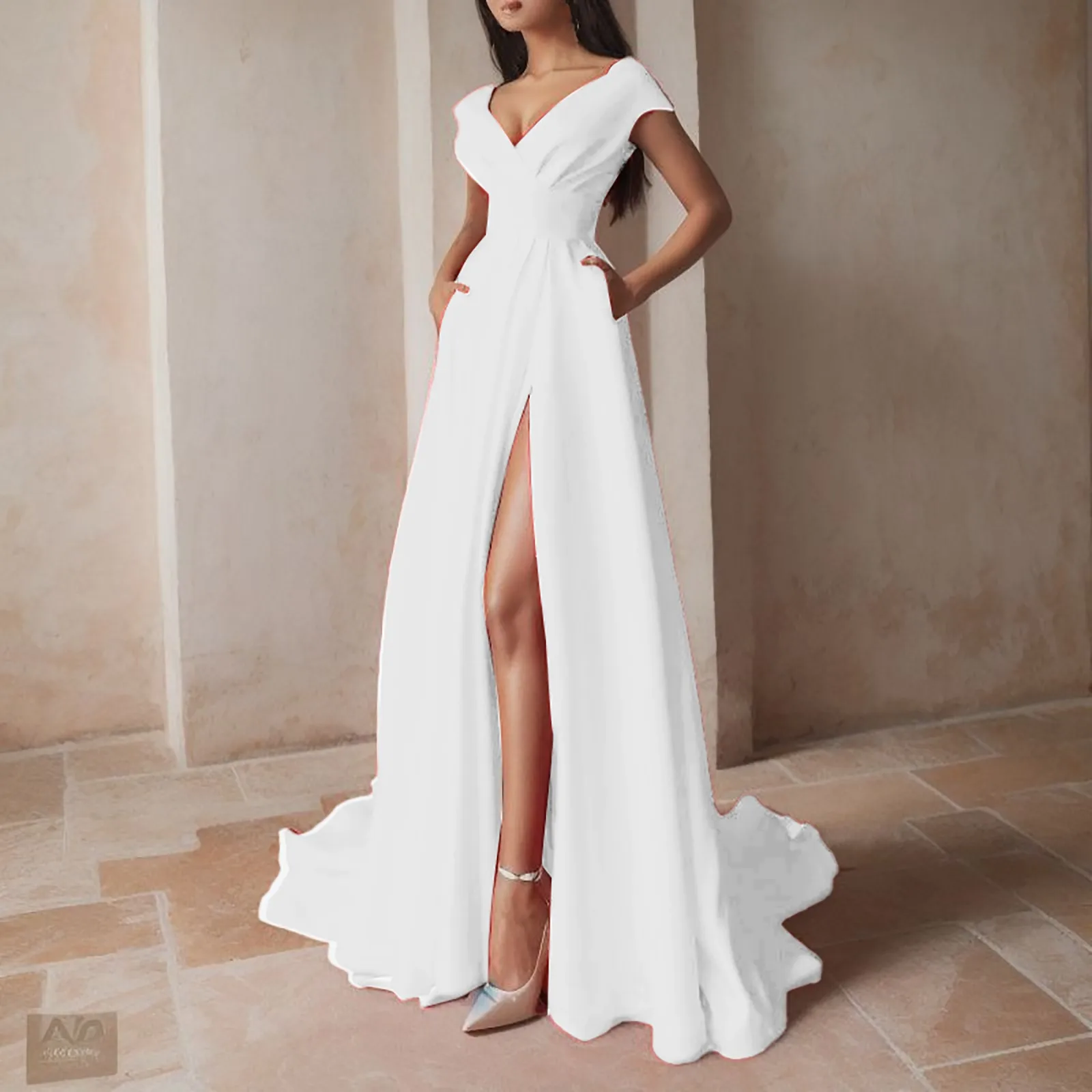 

Ladies Temperament Elegant Evening Dress V Neck Off Shoulder Style Ruffled Hem High Waist Solid Color Sider Slit Long Dresses