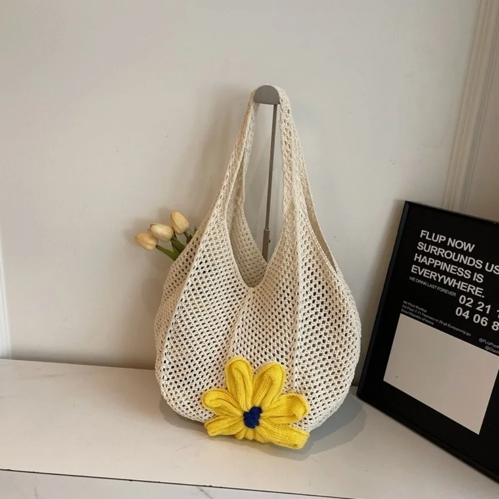 

Simple Mesh Flower Woven Handbag Large Capacity Hollow Out Crochet Tote Bag Solid Color Spacious Knitted Shoulder Bag Beach
