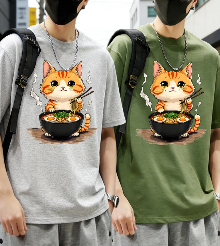 

Мужские летние хлопковые уличные топы с дизайном «Котенок, который любит есть лапшу ламянь», повседневные простые футболки, модная одежда в стиле ретро