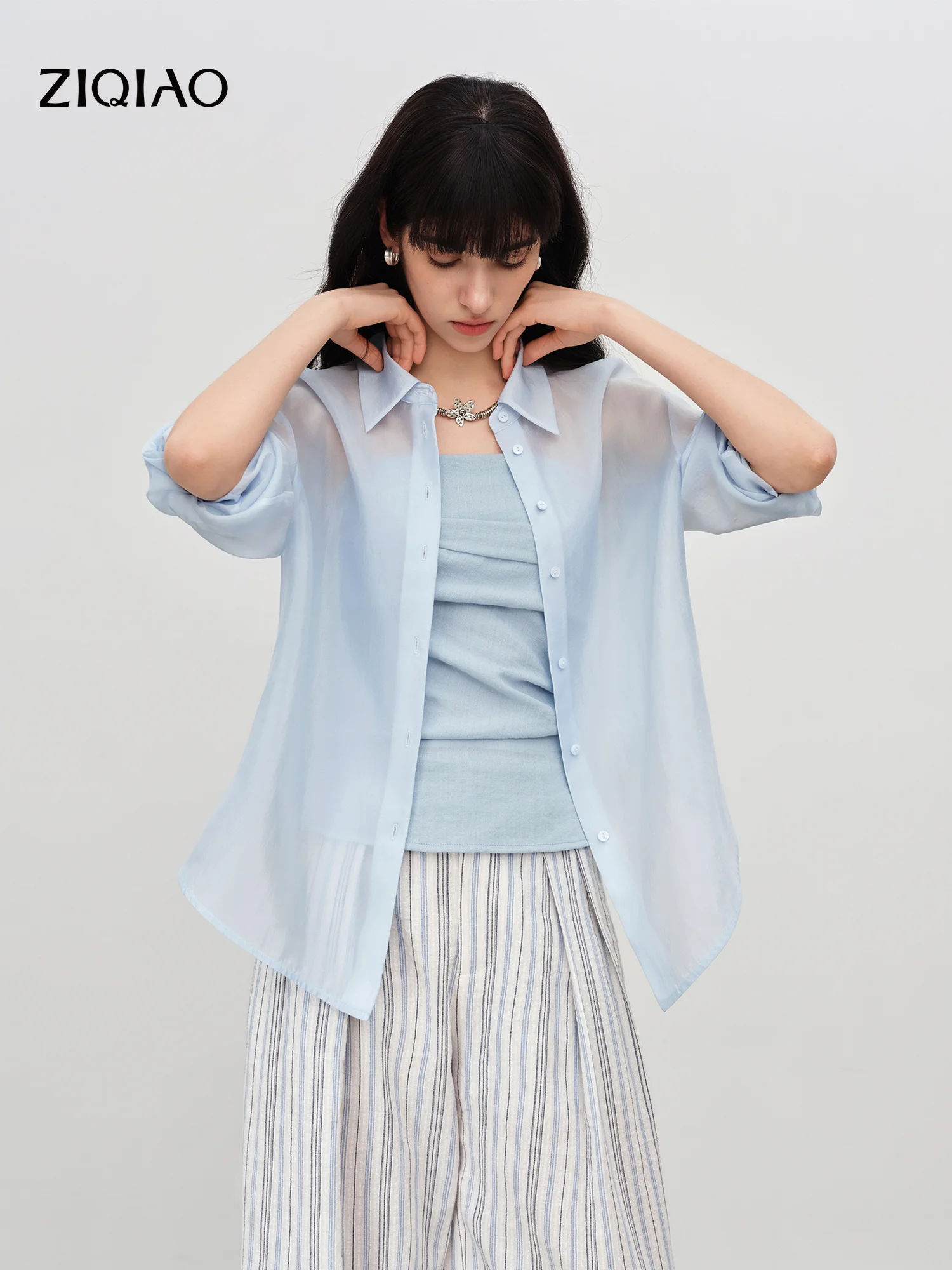 

ZIQIAO Women 2026 Summer New Arrival Lightweight Glossy Blue Shirt Long Sleeve Vacation Style Loose Casual Top Everyday Outfits
