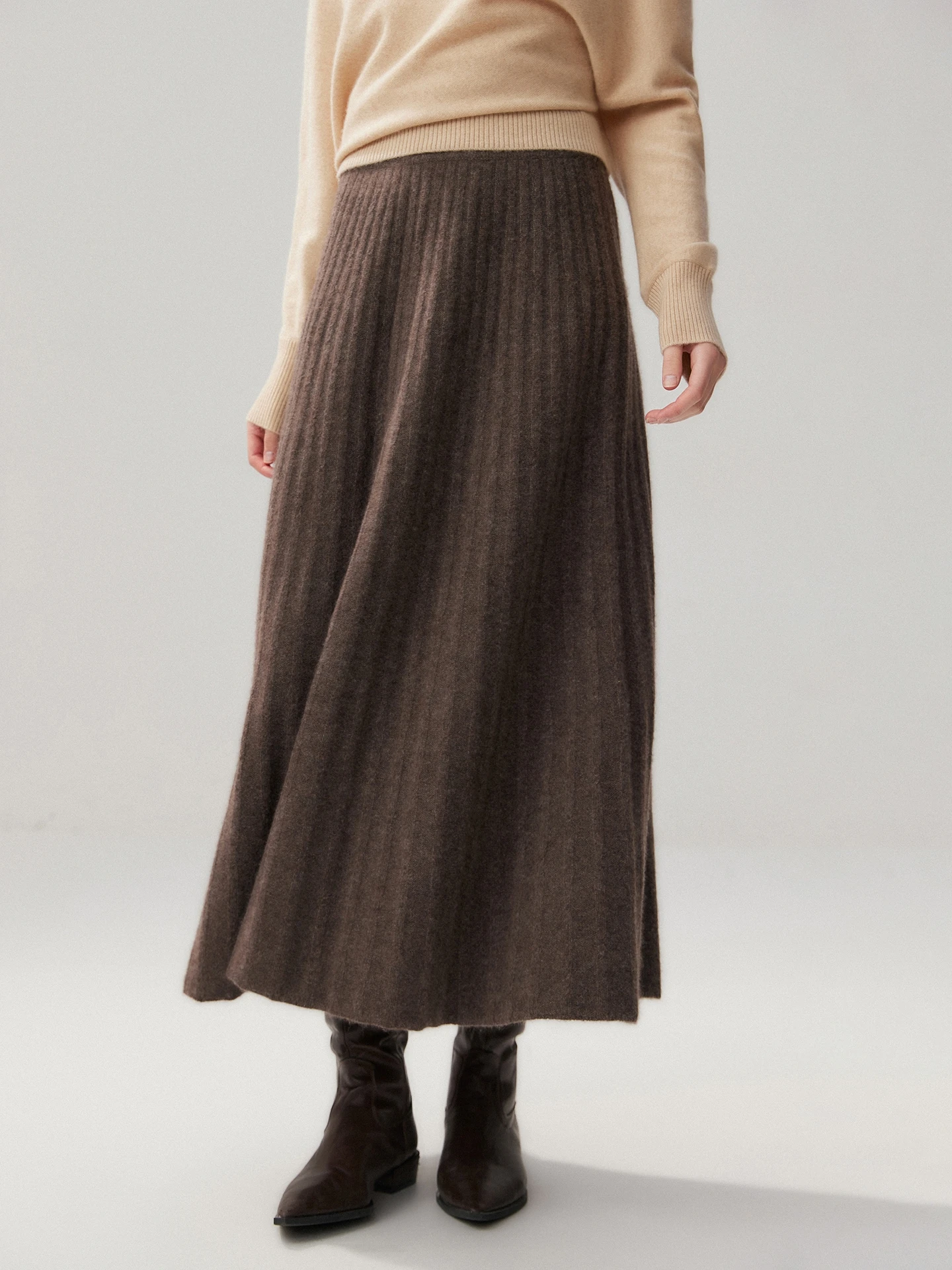 High-end Cashmere Knit Midi Skirt Women Autumn Winter High Waisted SlimA-line Pleated Dress Ankle-Length Umbrella Skirt Elegant
