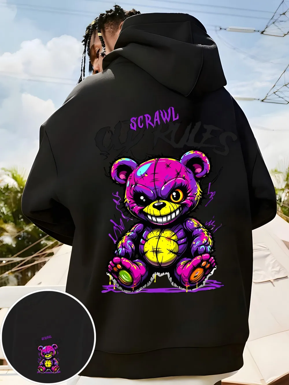 European and American men's new autumn horror bear letter print comfortable soft hooded sweatshirt outdoor street style top