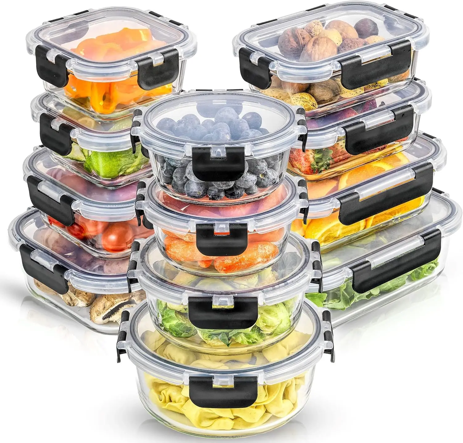 JoyJolt JoyFul 24pc(12 Airtight, Freezer Safe Food Storage Containers and 12 Lids), Pantry Kitchen Storage Containers,Glass Meal