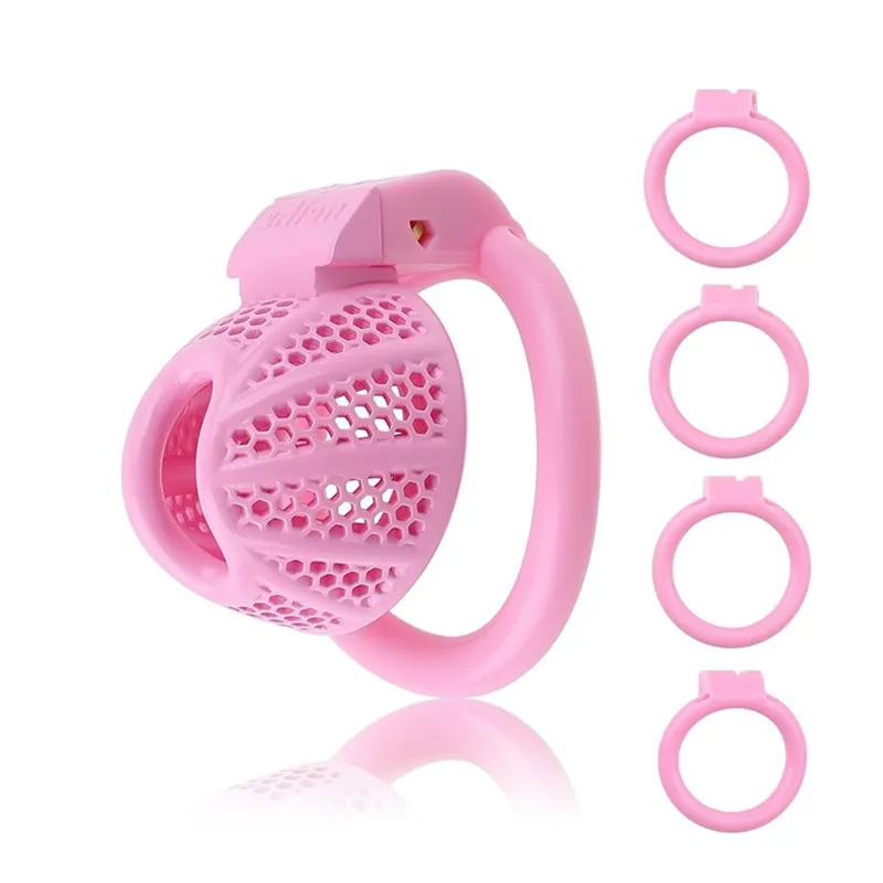 Male Chastity Device Cock Cage Upgraded  Lightweight Pink Chastity Cage with 4 Different Sizes Removable Plastic Rings  Sex Toys