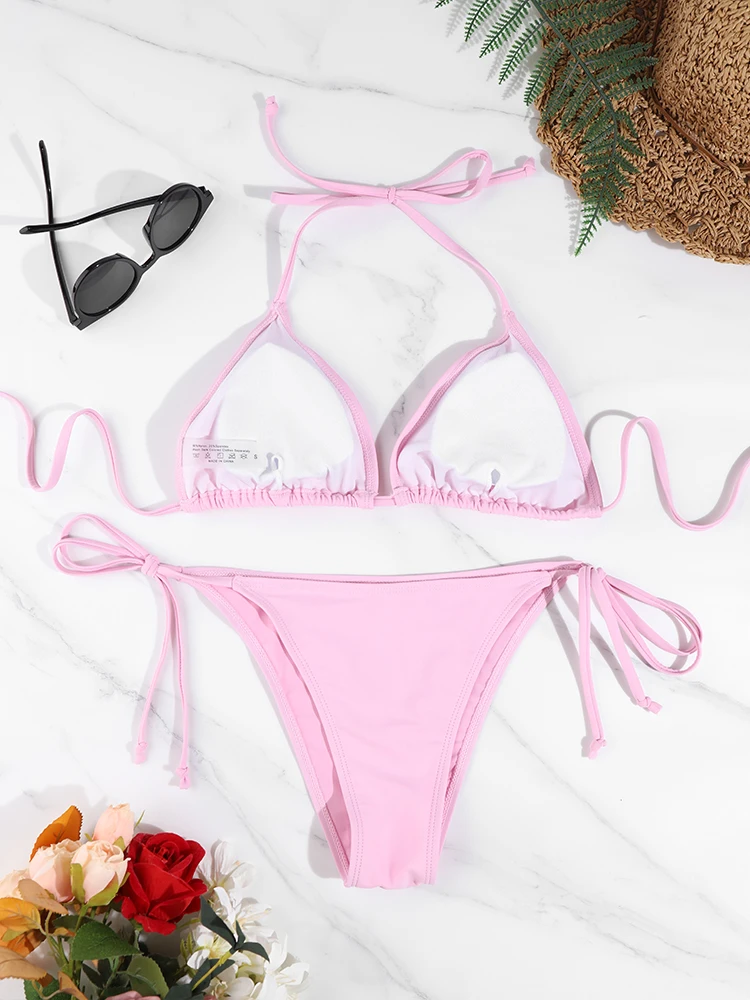 2 Pc Sexy Women Thong Solid Color Bikini Set Side Halter Tie Swimsuit Ladies Split Strap Adjustable Brazilian Swimwear Beachwear